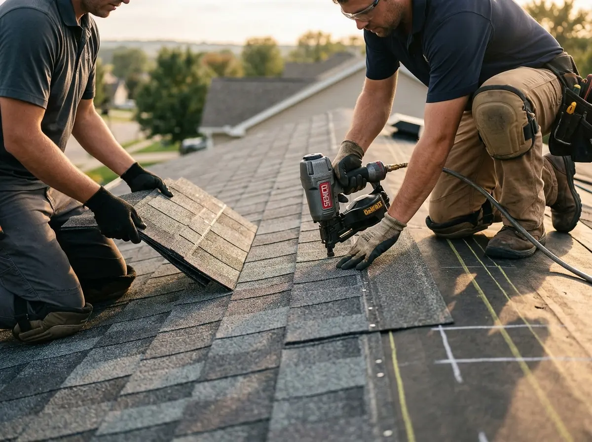 Professional roofer working on a residential roof in Soledad